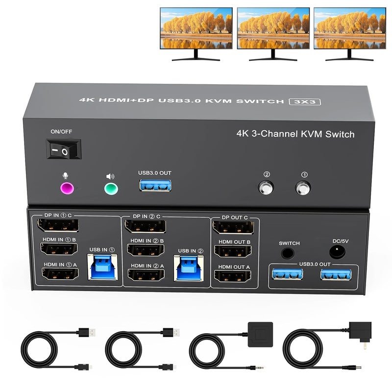CCONG 4K KVM Switch 3 Monitors 2 Computers Triple Monitor Displayport and 2 HDMI USB 3.0 KVM Switches 4K@60Hz,Support Extended/Mirror Mode Share 3 USB 3.0 Ports with Desktop Controller, Adapter Included - Image 1